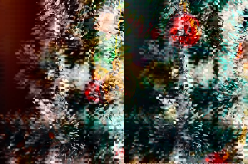 Rød- og guldfarvede julekugler på et juletræ